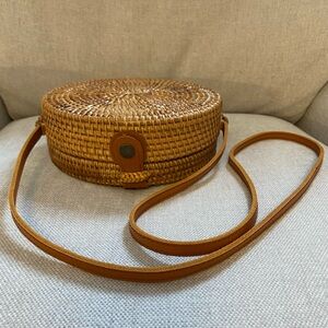 Round Woven Tan Crossbody Bag